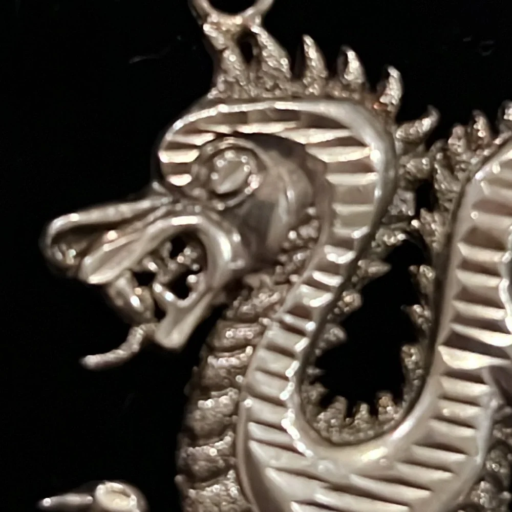 Vintage Sterling Silver dragon pendant & Italy silver rope necklace 18”